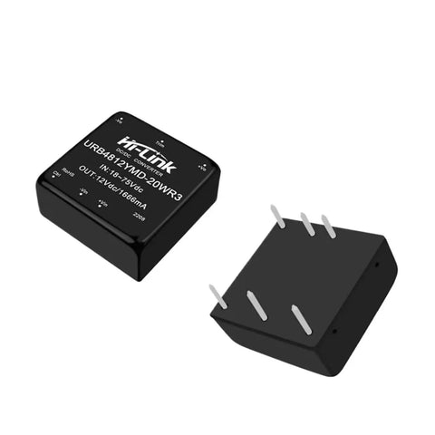 Road Ready Dc Dc Switching Step Down Power Module 20W 48V To 12V 1666Ma Isolated Voltage Regulator Adapter in black with pin connectors.