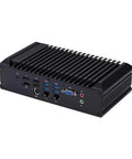 Bulletproof Fanless Mini PC With Slick Design And Badass Intel Core I7 10510U Processing Power Featuring Six RS232 And RS485 Serial Ports detailed rear view showcasing connectivity options and heatsink design.