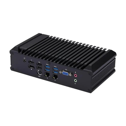 Bulletproof Fanless Mini PC With Slick Design And Badass Intel Core I7 10510U Processing Power Featuring Six RS232 And RS485 Serial Ports detailed rear view showcasing connectivity options and heatsink design.