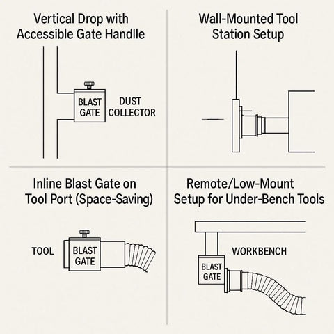4-inch aluminum blast gate for vacuum/dust collector; diagrams show vertical drop, wall-mount, inline, and remote under-bench setups.