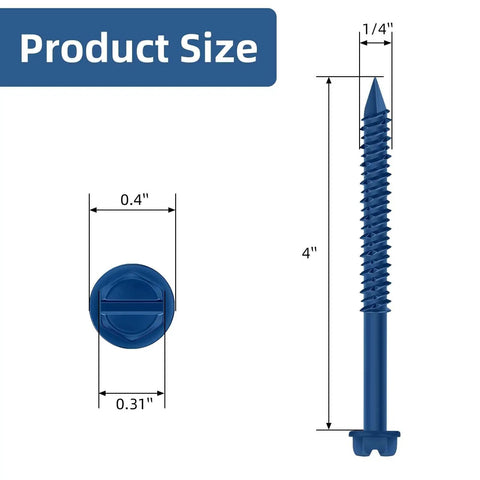 Quarter Inch By Four Inch Blue Hex Head Concrete Screw Anchor Kit For Masonry Block Or Brick Built Tough And Ready Fifty Piece Set with size dimensions shown