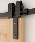 Close-up of 5ft Bypass Sliding Barn Door Hardware Kit With Single Track For Double Wooden Doors Space Saver Barn Door System