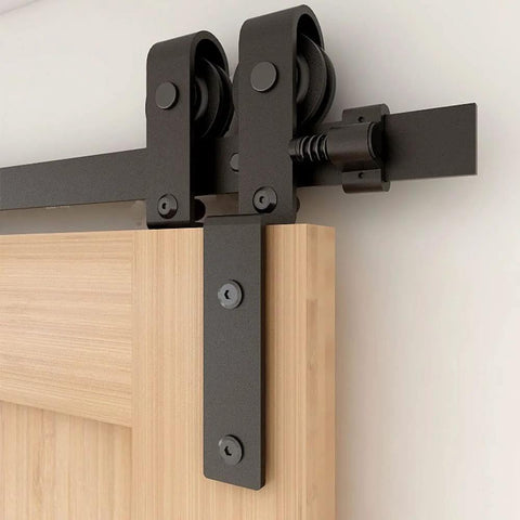 Close-up of 5ft Bypass Sliding Barn Door Hardware Kit With Single Track For Double Wooden Doors Space Saver Barn Door System