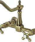 Heritage 8-Inch Centerset Wall Mount Kitchen Faucet In Antique Brass With Solid Brass Construction, curved spout