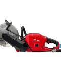Badass M18 Cordless Circular Saw With 9 Inch Diamond Blade For Eating Through Reinforced Concrete And Brick Featuring Quick Connect Water Hookup And A Rock Solid Bare Tool Build side view with 9 inch blade and red body.
