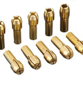 10 Pack Mini Drill Brass Collet Chuck 0.5 To 3.2mm Clamping Adapter For Rotary Tool arranged showing secure 4 jaw design.