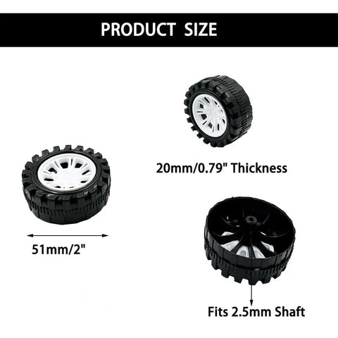 10 Piece RC Car Wheels Set With 2 Point 5mm Shafts And 5 Metal Axles For DIY Builds, showing wheel size and specs