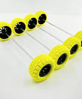 10Pcs RC Toy Car Wheels With Rubber Tires And 5Pcs Metal Shafts, 2mm diameter axles, arranged in a row on a white background
