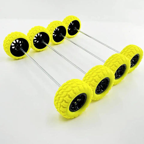 10Pcs RC Toy Car Wheels With Rubber Tires And 5Pcs Metal Shafts, 2mm diameter axles, arranged in a row on a white background