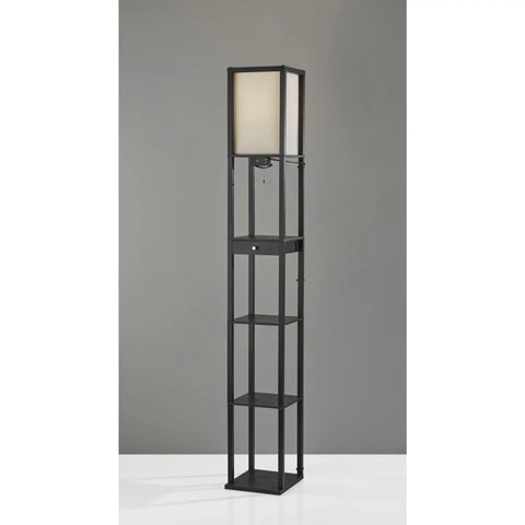 Dope Jumbo Shelf Light With USB Port And Drawer In Black MDF Frame, Off White Fabric Shade, 3 Storage Shelves And Hidden Drawer, On Off Pull Chain, Perfect Desk Or Nightstand Lamp With Built In USB Power And Storage