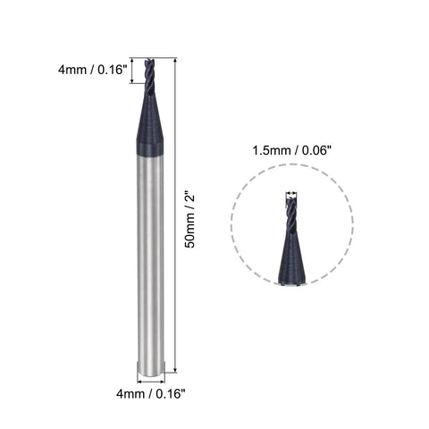 Square Nose End Mill 1.5mm Tip Diameter Solid Carbide AlTiN Coated CNC Router Bit 4 Flute Spiral Milling Cutter With 4mm Shank And 50mm Length HRC45 Pro Grade 2 Pack shown with dimensions