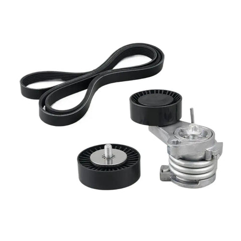 Drive Belt Pulley Tensioner Kit Compatible With N52 E60 E61 525i 530i 528i E81 E82 E87 E88 125i 128i 130i E90 E91 E92 E93 325i 328i Zips That Squeal Away And Keeps You Cruising Smooth Like a Dream For a Simple Home Install That Pays Off Big. black rubber belt and metal pulley tensioner kit for BMW N52 engine