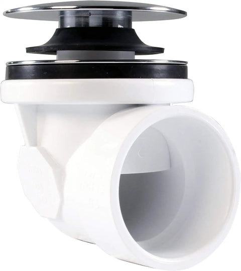 Built Tough Sch 40 Pvc Bath Waste And Overflow Assembly with polished chrome drain plug and white PVC body, detailed view.