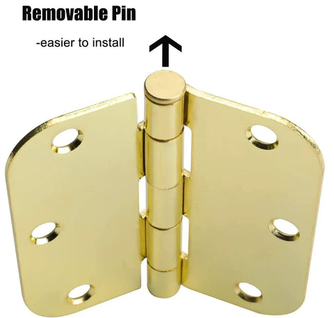 Close-up of 18 Pack Gold Door Hinges For Interior Doors, Satin Brass Finish, with 3.5 Inch Size and 5/8 Inch Radius Corners