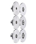 Tough As Nails 6 Piece Router Template Guide Bushing Kit Made From Heat Treated Stainless Steel For Precision Cabinet Joinery And Rugged Workhorse Woodworking Tasks Built Heavy Duty To Go The Distance, displaying six stainless steel template bushings.