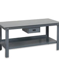 Badass Industrial Workbench With Bottom Shelf And Front Drawer Rock Solid Steel Shop Table Quarter Inch Thick Platform Straight Up Garage Workstation Pro Grade Bench with drawer and bottom shelf.