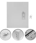 Front view of lockable waterproof outdoor electrical junction box enclosure with key, rugged ABS, 25x30x14cm, suitable for RV and home use.