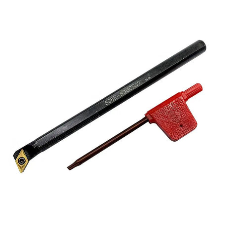 Right Hand 95 Degree Internal Turning Boring Bar Set With Three Holders And 10 DCMT21.51 Inserts For Steel And Stainless Steel Machining, Built Tough 40Cr Forged Bar Body With Carbide Inserts DCMT070204 showing an S08K-SDUCR07 bar with insert and wrench.