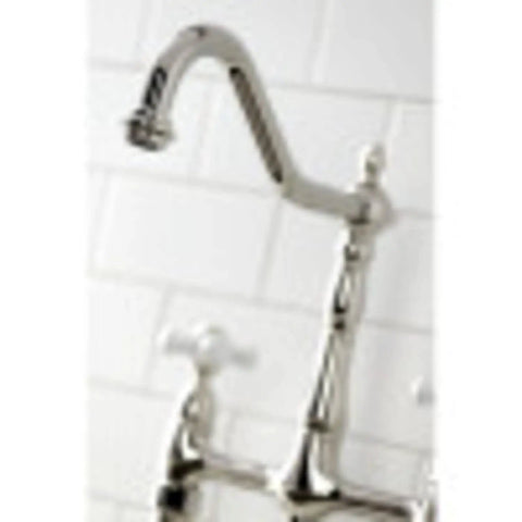 Heritage Bridge Kitchen Faucet With Two Handles And Metal Side Sprayer, 8 Inch Center Spacing, Polished Chrome Finish