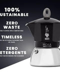 Heavy Duty Moka Induction Coffee Maker With Rock Solid Stainless Steel Boiler And Premium Aluminum Lid Brews Smooth Two Cup Espresso That Nails Your Morning Kickstart In Deep Black side view with sustainability messages.