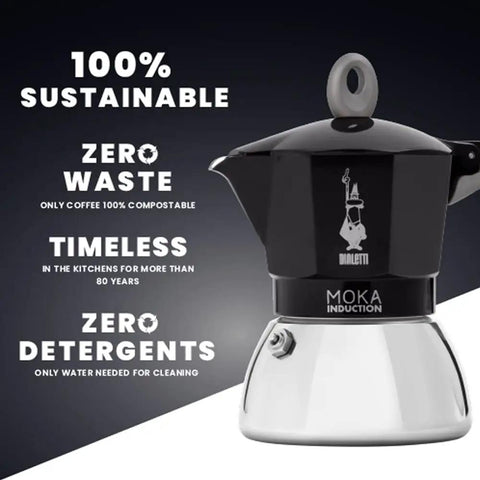 Heavy Duty Moka Induction Coffee Maker With Rock Solid Stainless Steel Boiler And Premium Aluminum Lid Brews Smooth Two Cup Espresso That Nails Your Morning Kickstart In Deep Black side view with sustainability messages.
