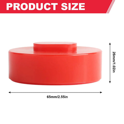 Red polyurethane jack pad support point, 65mm diameter, 26mm thick, designed for Porsche 911 924S 944 vehicle maintenance.