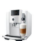 Top Tier Automatic Espresso Machine Bundle In Piano White With Glass Milk Container And Clearyl Smart Filter Cartridge For Seamless One Touch Operation And Premium Daily Grinds with brewed coffee in glass