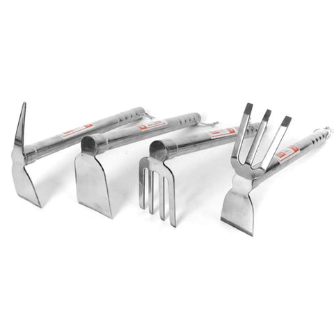 Workhorse Dual-Use Garden Hoe And Pickaxe Stainless Steel Handheld Yard Work Tool for planting and weeding, multiple angles.