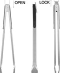 8 Piece BBQ Grill Tools Set With Extra Thick Stainless Steel Spatula, Fork, Tongs, Cleaning Brush, Extra Brush Head, And Portable Storage Bag, Premium Stainless Kit For Grilling Pros, Great Gift For Men, Black showing stainless steel tongs in open and locked positions.