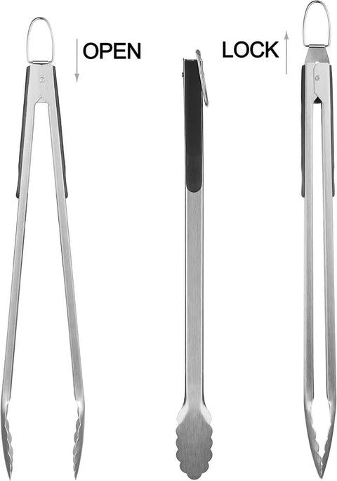 8 Piece BBQ Grill Tools Set With Extra Thick Stainless Steel Spatula, Fork, Tongs, Cleaning Brush, Extra Brush Head, And Portable Storage Bag, Premium Stainless Kit For Grilling Pros, Great Gift For Men, Black showing stainless steel tongs in open and locked positions.