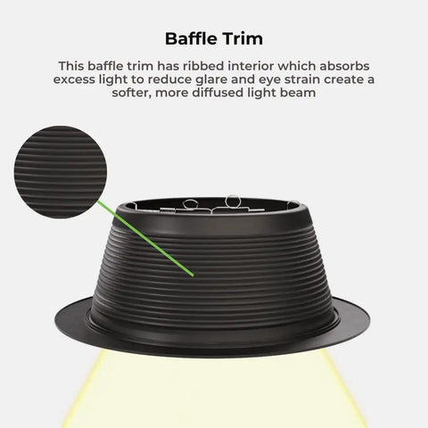 6 Inch Stepped Black Baffle Trim With 7.25 Inch Plastic Ring showcasing ribbed interior and non-reflective finish