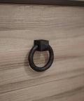Black Cast Iron Cabinet Drawer Ring Pull, Mission Style Antique Drop, 1-7/8 Inch Swing Ring on wooden cabinet