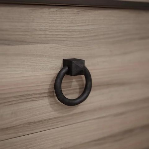 Black Cast Iron Cabinet Drawer Ring Pull, Mission Style Antique Drop, 1-7/8 Inch Swing Ring on wooden cabinet