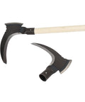 High Manganese Steel Double Scythe Handheld Garden Tool For Outdoor Mowing, Weeding, Cutting Vines, Pruning Trees, Heavy Duty Yard Work Cutter Built Tough For Long Lasting Performance with wooden handle and blade head visible