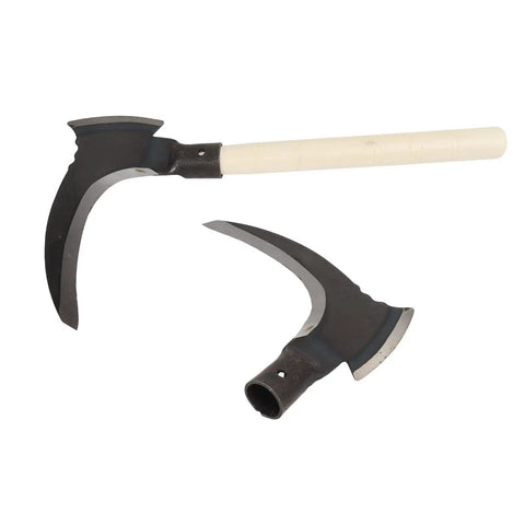 High Manganese Steel Double Scythe Handheld Garden Tool For Outdoor Mowing, Weeding, Cutting Vines, Pruning Trees, Heavy Duty Yard Work Cutter Built Tough For Long Lasting Performance with wooden handle and blade head visible