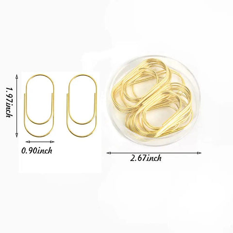 Oversized Gold Paper Clips Set, Big Ol Jumbo 2 Inch 50mm Clips, 20 Pack, with measurements and transparent container