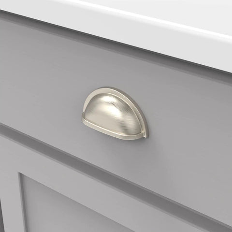 Upgrade Your Kitchen Game With Solid Core Cabinet Pulls, Satin Nickel Cup Handles For Dressers And Doors, 3 Inch Center Furniture Hardware Featuring Classic Williamsburg Style Vintage Vibes on gray drawer.
