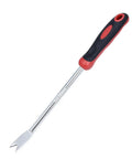 Two Prong Weed Puller Tool With Soft Grip Handle Stainless Steel Dandelion Weeder showing ergonomic rubber handle and V-shaped fork.