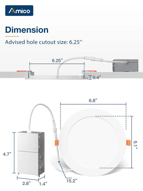 Dimensions of 12 Pack 6 Inch Ultra Thin LED Recessed Canless Downlights With Junction Box 6000K Daylight 1050 Lumens