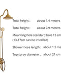 UMJIGF Antique Bronze Shower System with Hot and Cold Water Wall Mounted Shower Faucet Set specifications including height and hose length.
