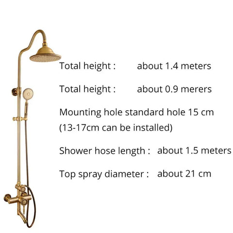 UMJIGF Antique Bronze Shower System with Hot and Cold Water Wall Mounted Shower Faucet Set specifications including height and hose length.