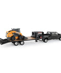 One Thirty Second Scale Big Farm Ram Dually Quad Cab With Lowboy Trailer And SV340B Skid Steer Loader Toy Set side view