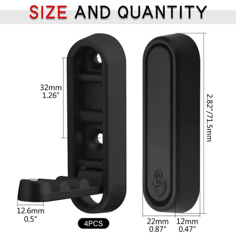 Heavy Duty Foldable Wall Hooks 4 Pack Aluminum Alloy Rustproof Flip Up Mounts With Screws Black showing dimensions and quantity.