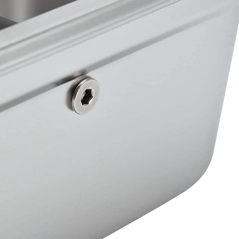 Close-up of Super Solid Stainless Steel Coffee Knock Box Built Like A Tank, showcasing the polished metal exterior and fastening detail.
