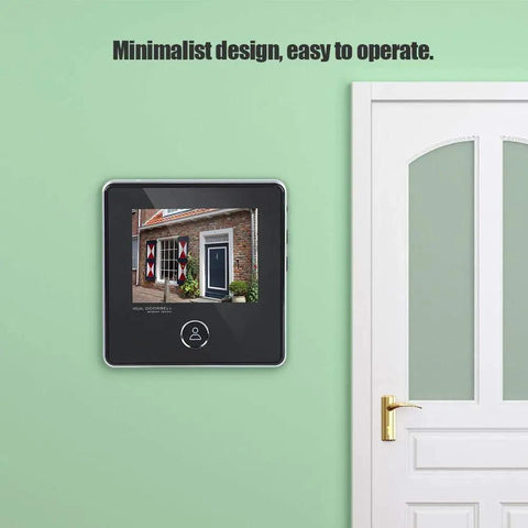 Wall-mounted No-Nonsense Digital Door Peephole Viewer and Video Doorbell with 3MP Camera, 90 Degree Wide Angle, on green wall.