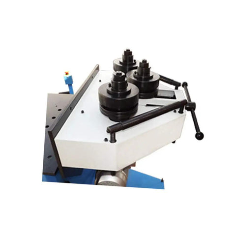 Professional Grade Industrial Strength Heavy Duty Pinch Roll Bender Machine For Rolling Pipe Flat And Round Steel With Knockout Performance And No Sweat Workshop Setup, top view showing three rollers.