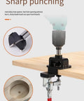 35mm Hinge Drilling Guide for Cabinets and Doors, Adjustable Template attached to a drill on a wooden board