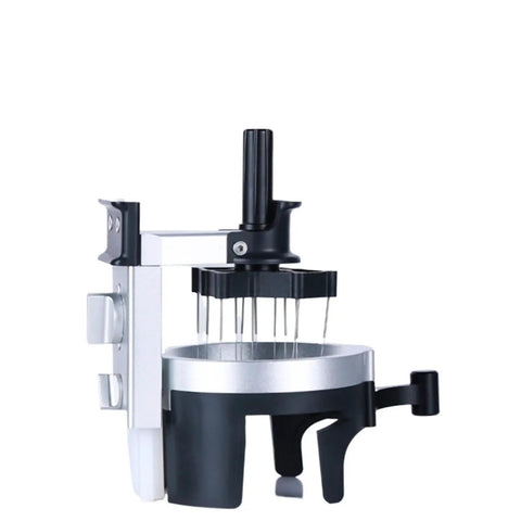 Smooth Operator Rotary Coffee Stirrer Needle Tool That Kicks Compacted Bean Clumps Out Of Filter Baskets For Easy Daily Espresso Pulls And Home Brew Sessions, showing black and silver design.