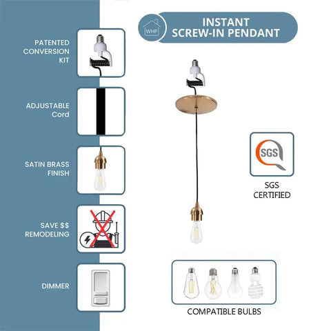 Slick Six Inch Recessed Can To Instant Pendant Light Conversion Kit In Top Shelf Satin Brass Finish with adjustable cord and E26 socket.
