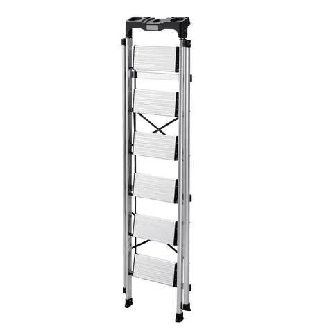Six Step Folding Ladder With Wide Anti Slip Pedals And Comfort Handgrip Aluminum Portable Stepladder 330 Lbs Capacity Go To Everyday Workhorse For Kitchen Garage Office And Warehouse Lightweight Silver folded aluminum six-step stepladder